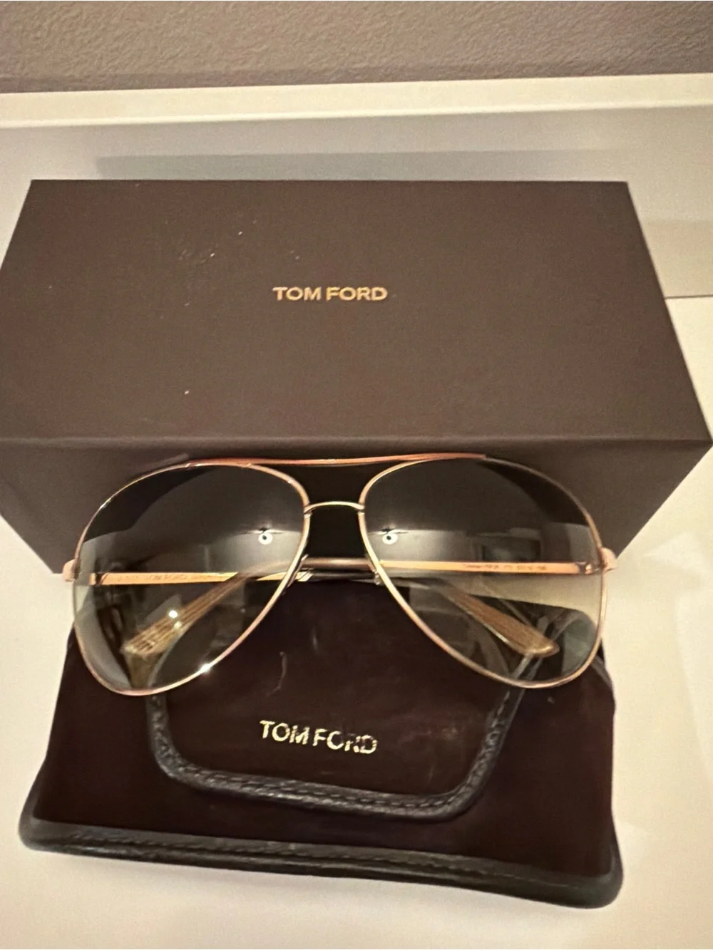 Tom Ford Rose Gold Aviator Sunglasses Brown Gradient Lens TF Case Pouch